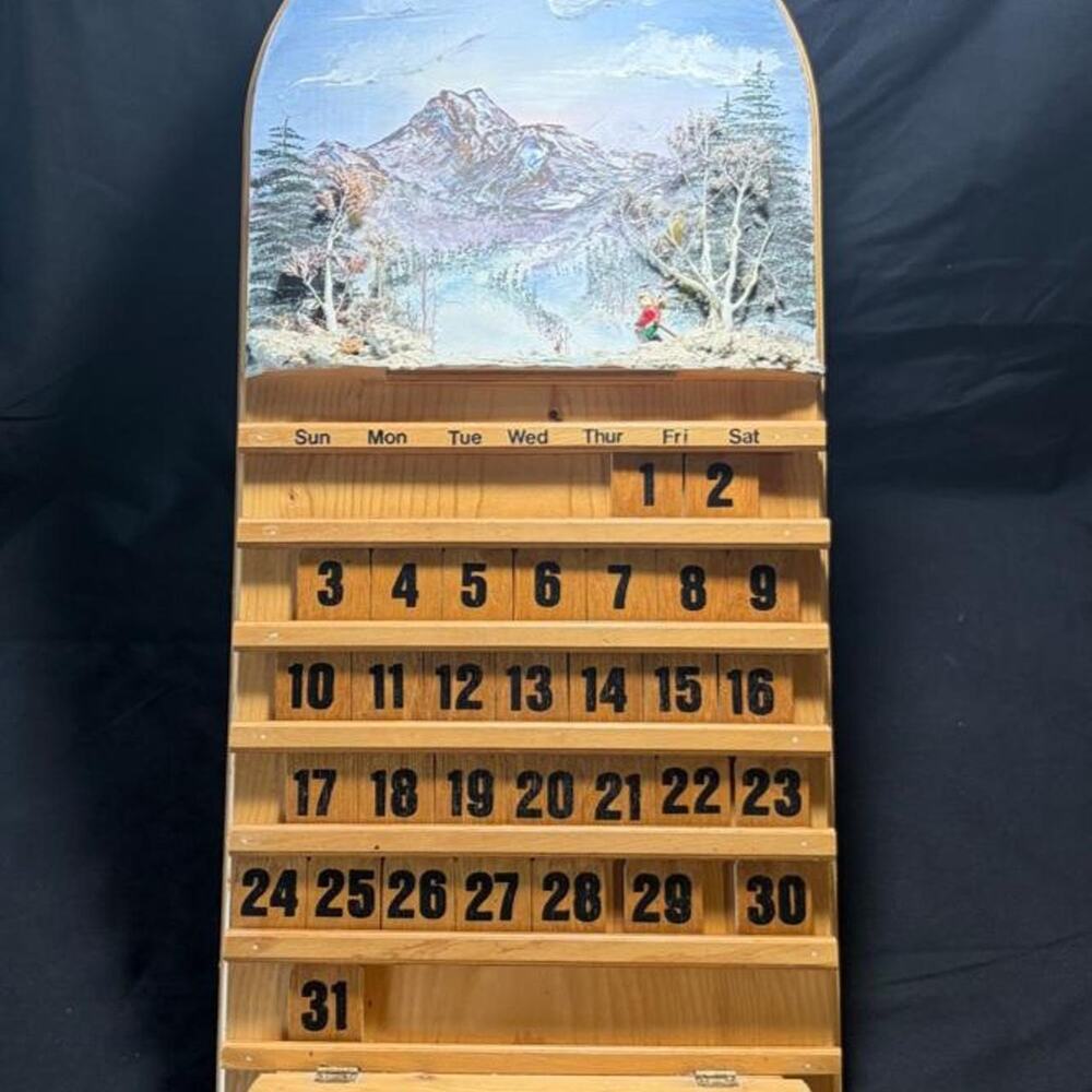 🚨 VINTAGE Perpetual Wood Calendar Hanging Mountain Scene Holiday Tiles 📆